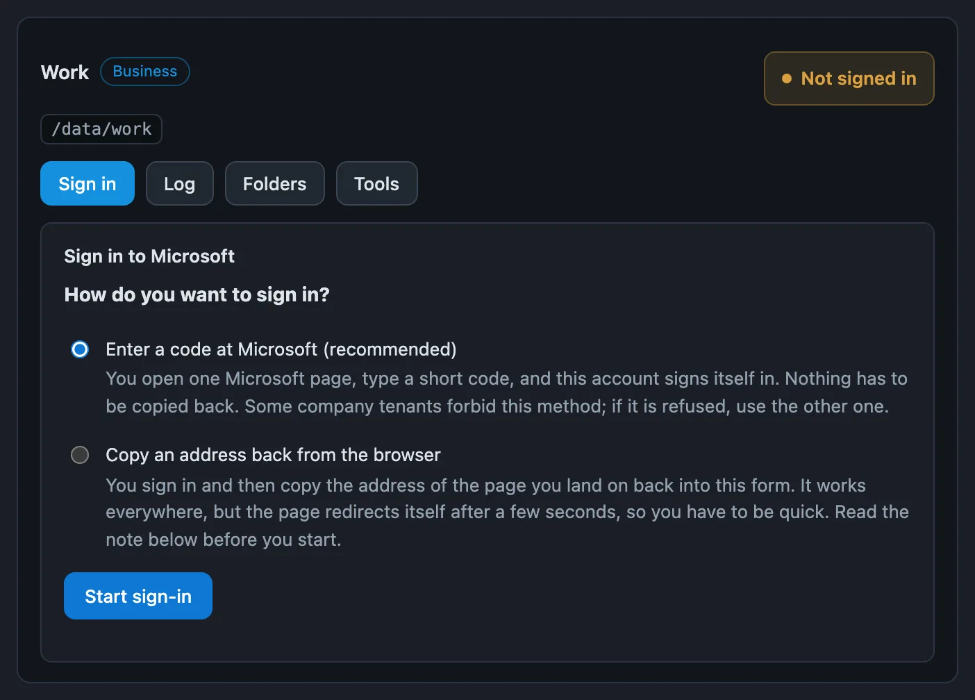 The sign-in panel of a Business account, offering to enter a code at Microsoft (recommended) or to copy an address back from the browser, with a Start sign-in button